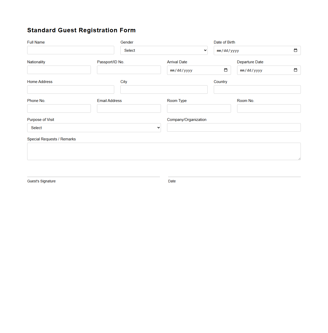 Standard Guest Registration Form for Hotels