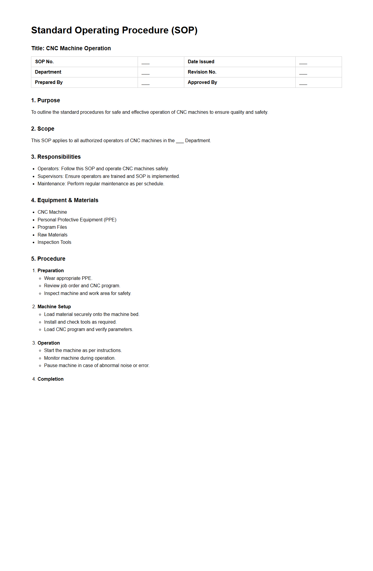 Standard Operating Procedure for CNC Machine Operation
