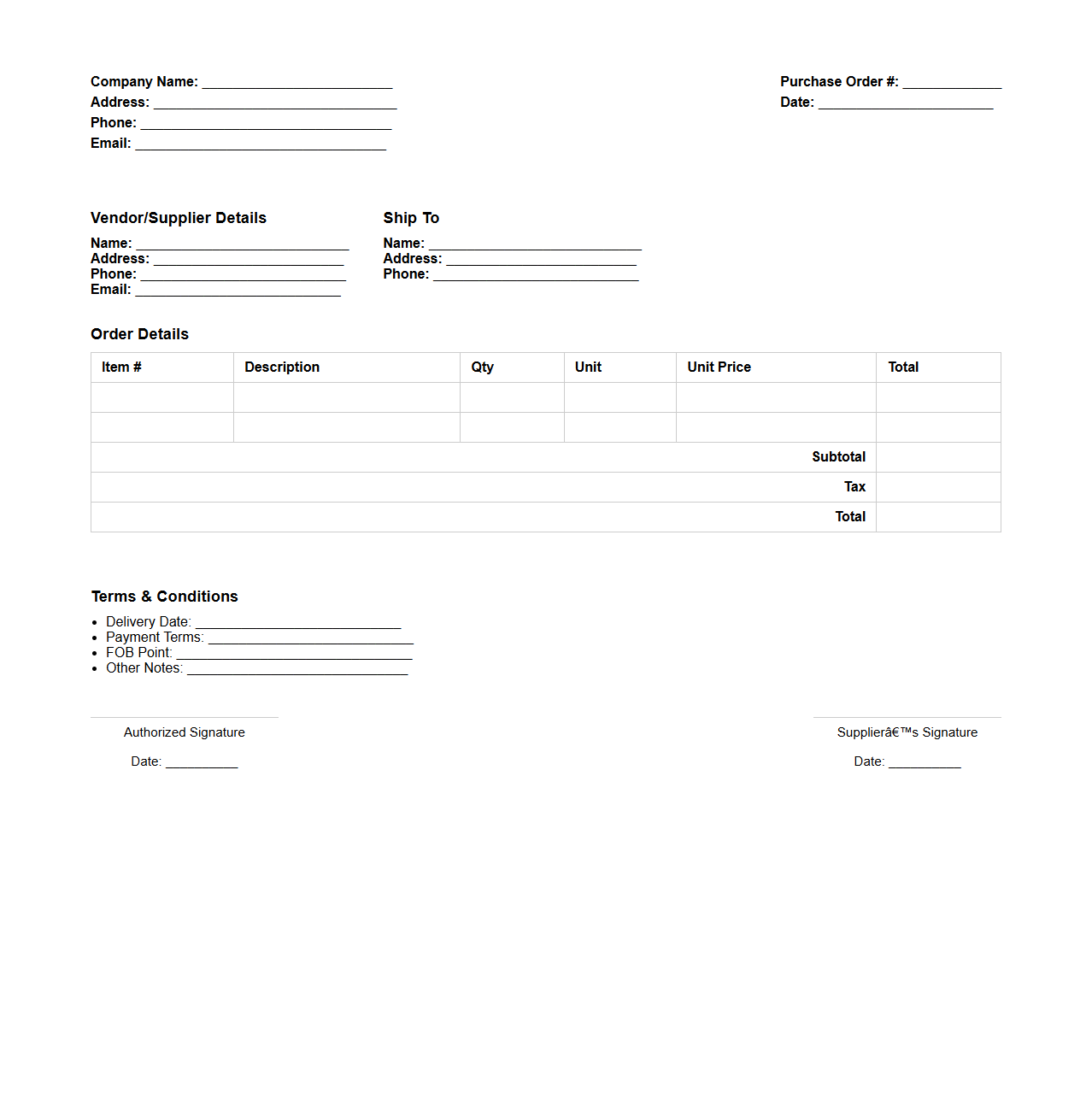 Standard Purchase Order Template for Manufacturing