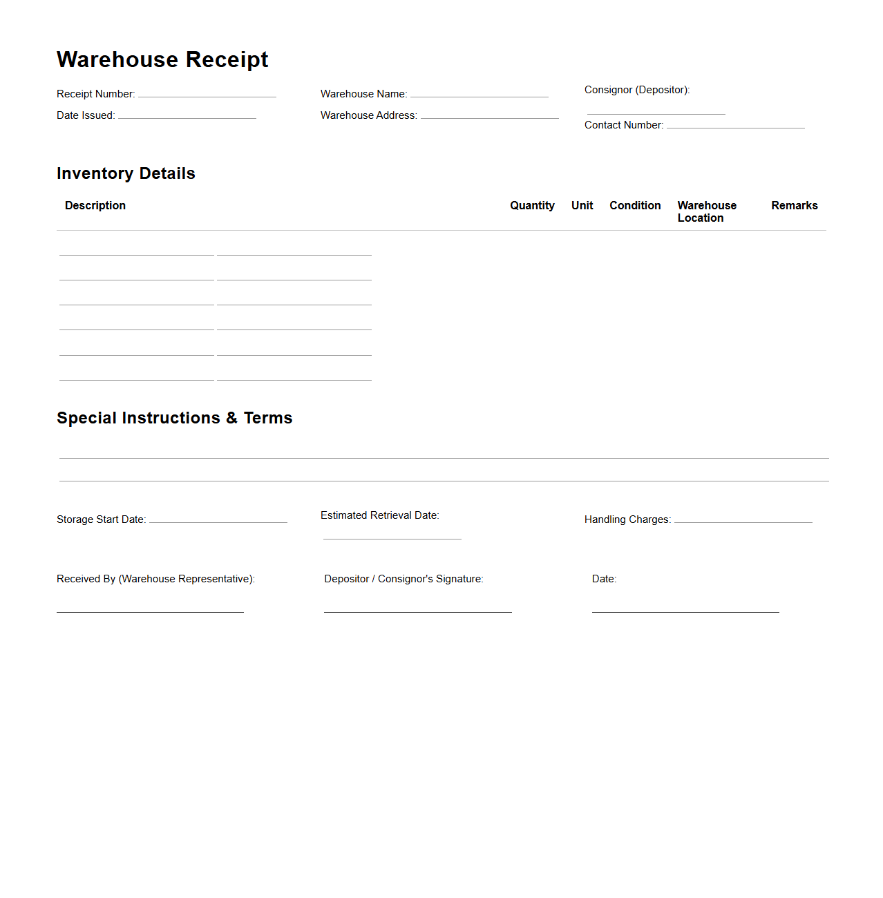 Standard Warehouse Receipt Template for Inventory Storage