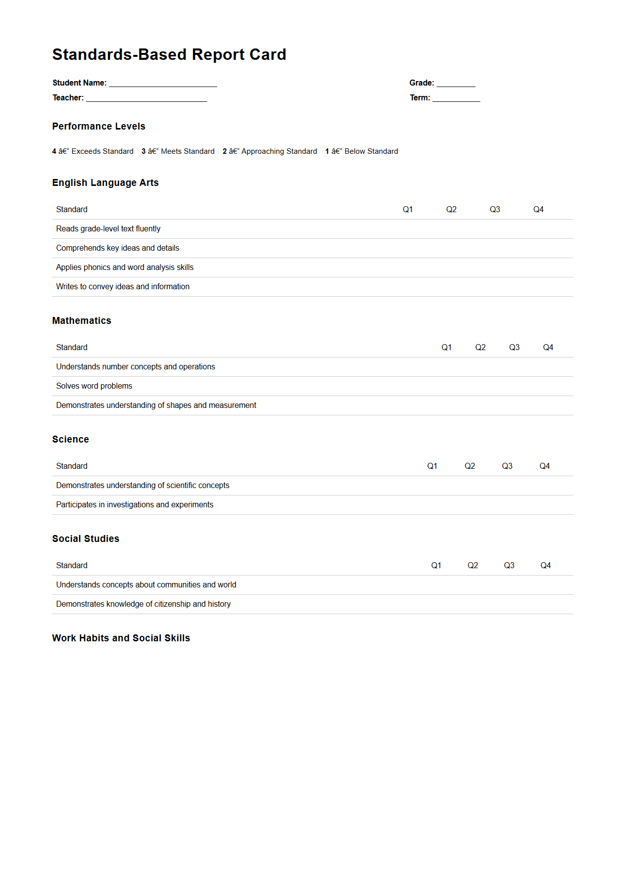 Standards-Based Report Card Sample for Primary Grades