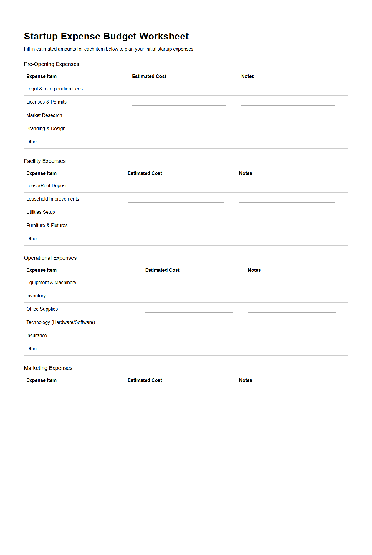 Startup Expense Budget Worksheet for Entrepreneurs