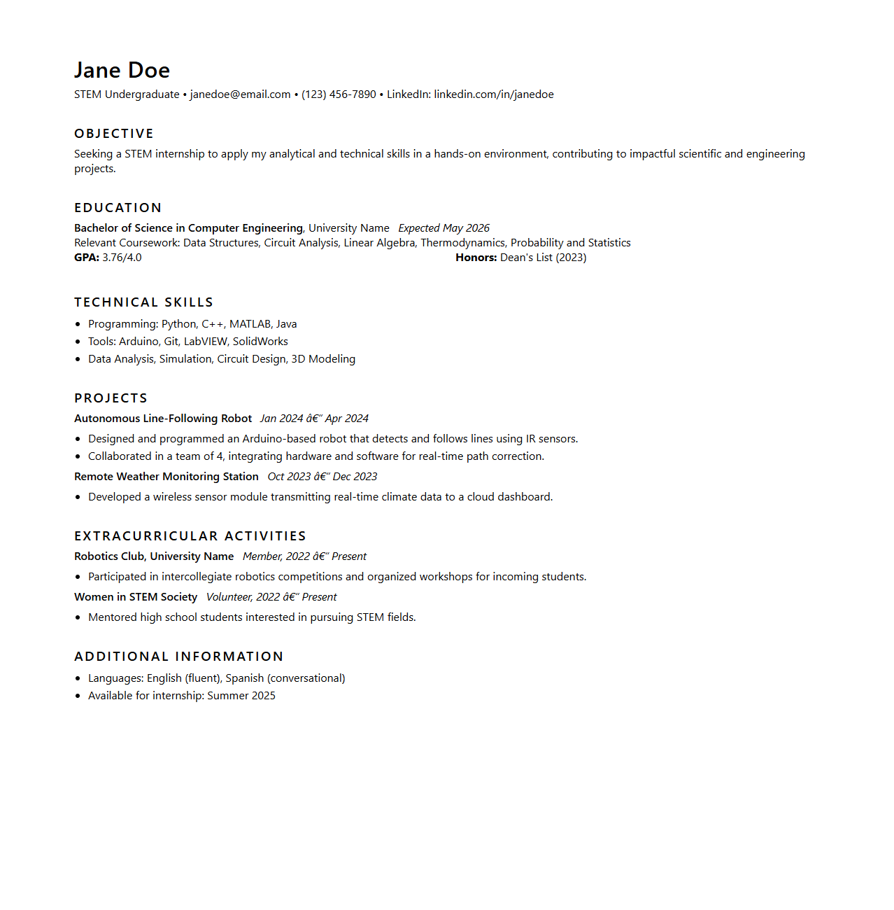 STEM Student Curriculum Vitae Sample for Internship Applications
