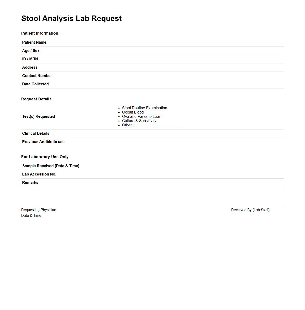 Stool Analysis Lab Request Document Sample