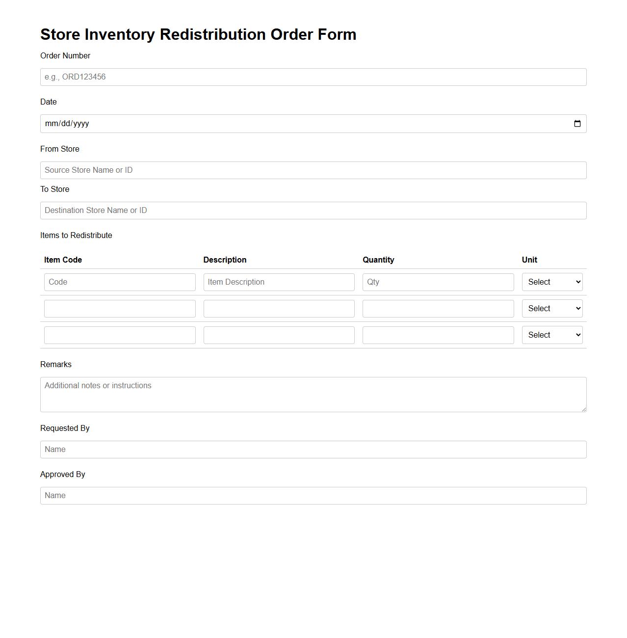 Store Inventory Redistribution Order Form