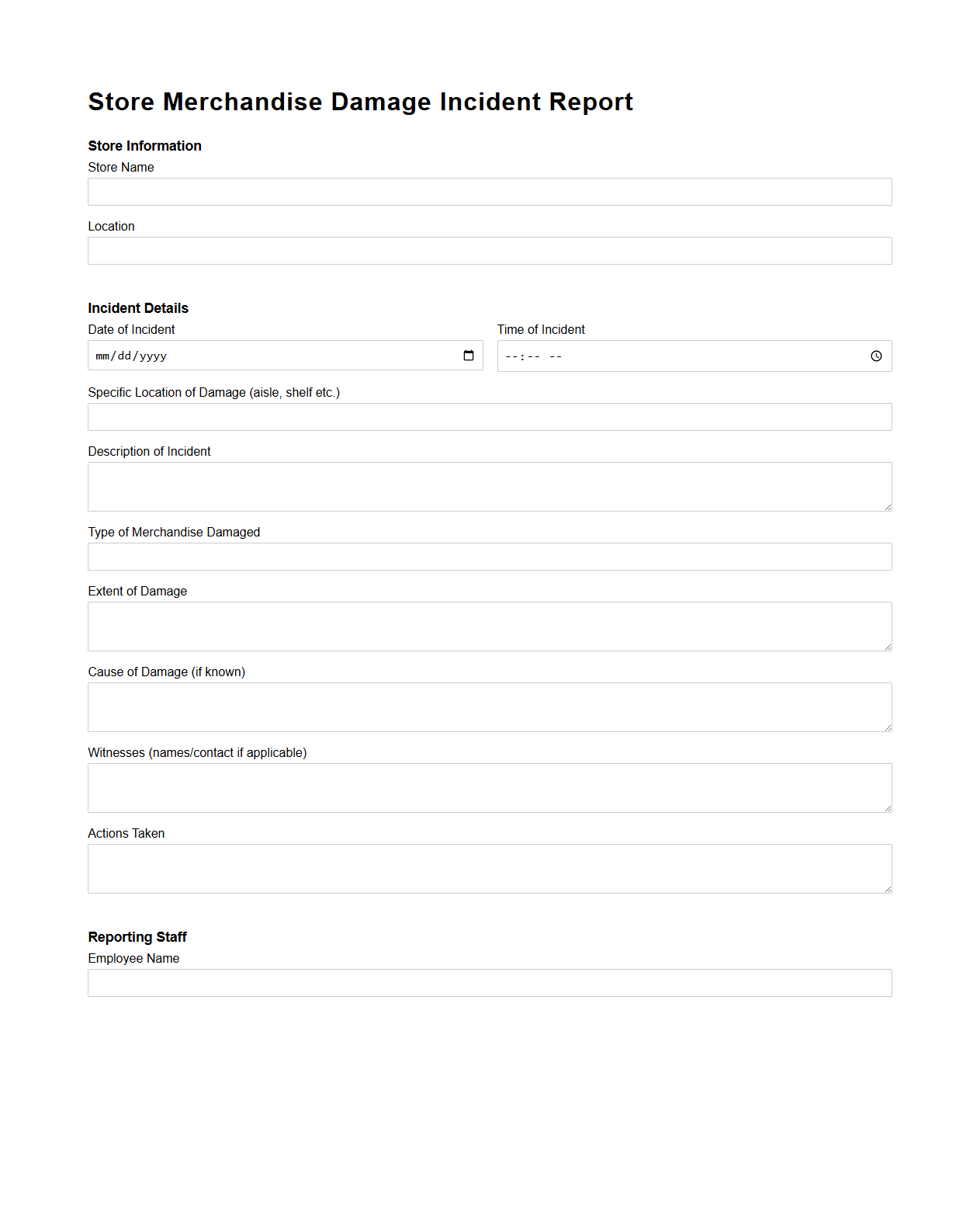 Store Merchandise Damage Incident Report Sample