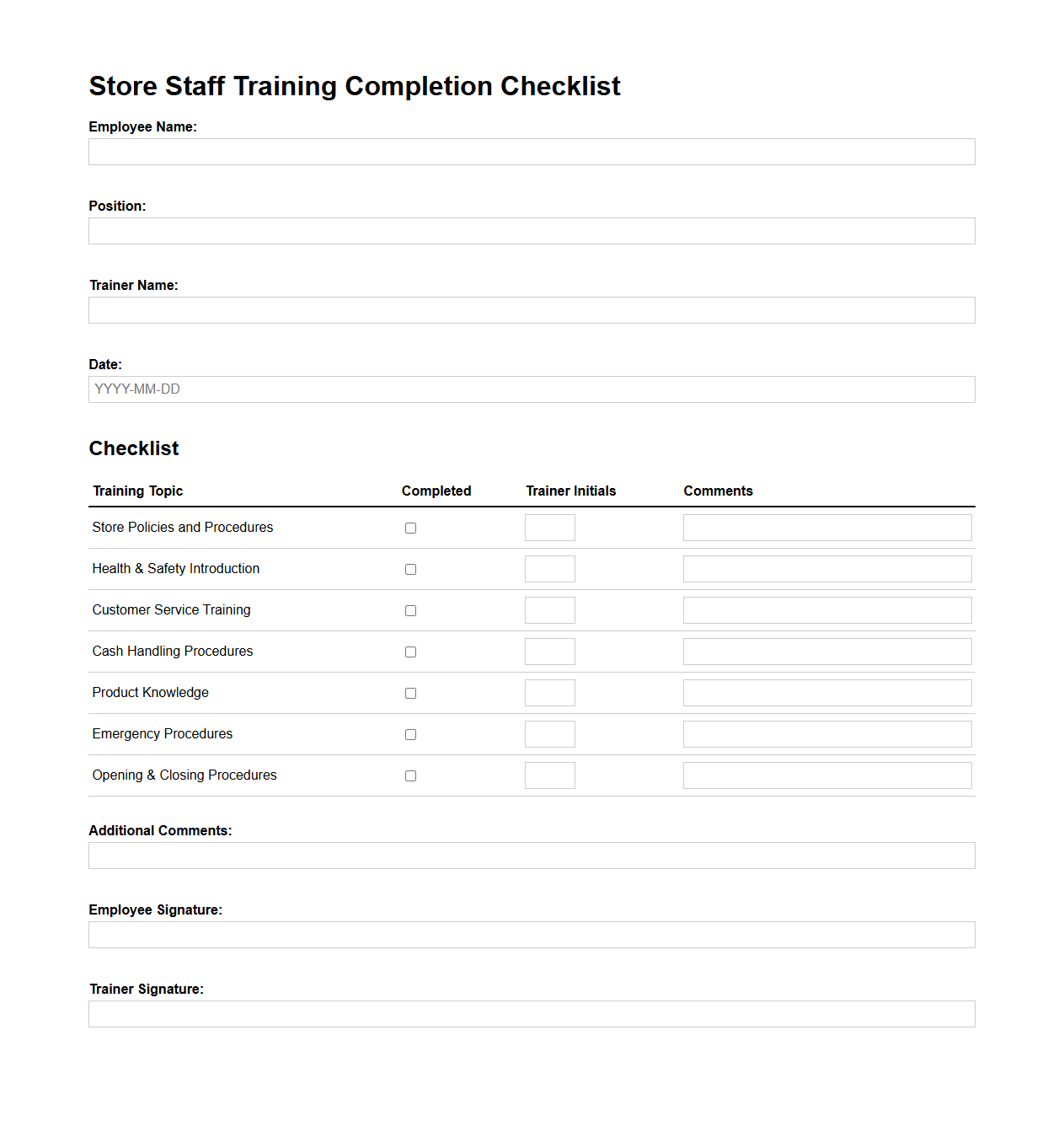 Store Staff Training Completion Checklist