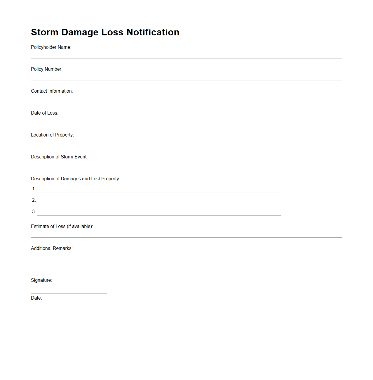 Storm Damage Loss Notification Sample for Insurance Claims