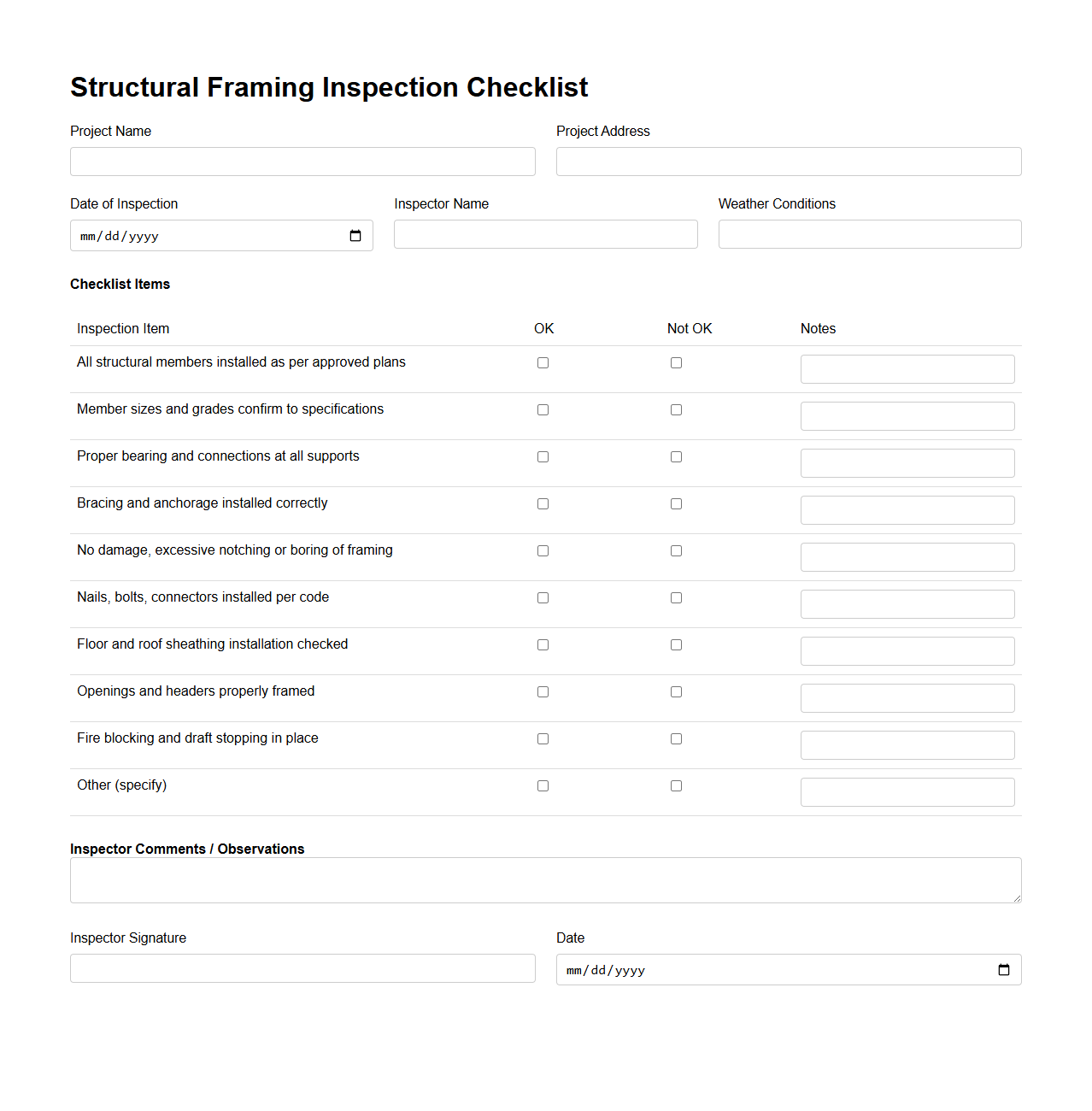 Structural Framing Inspection Checklist for Buildings