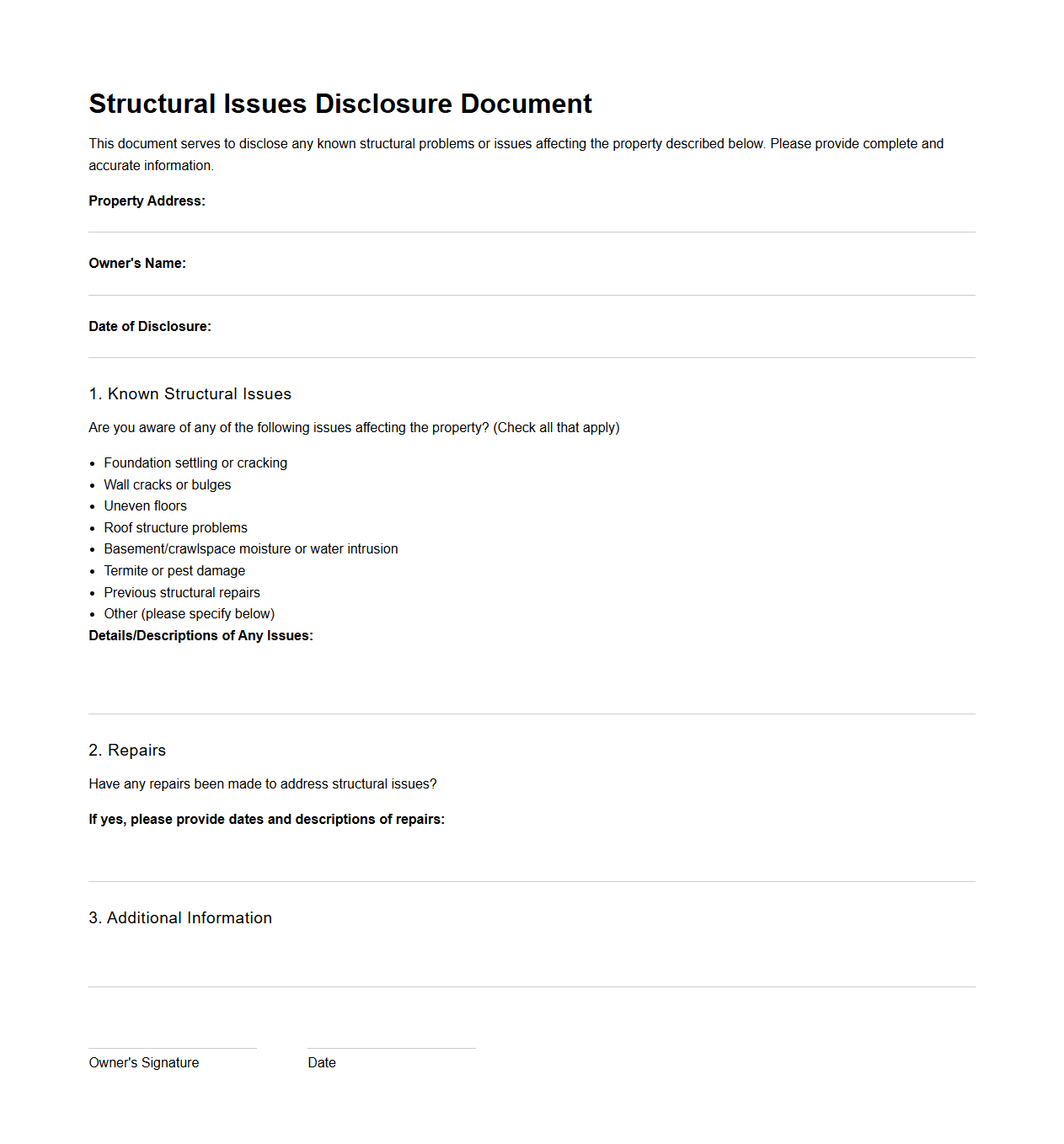 Structural Issues Disclosure Document
