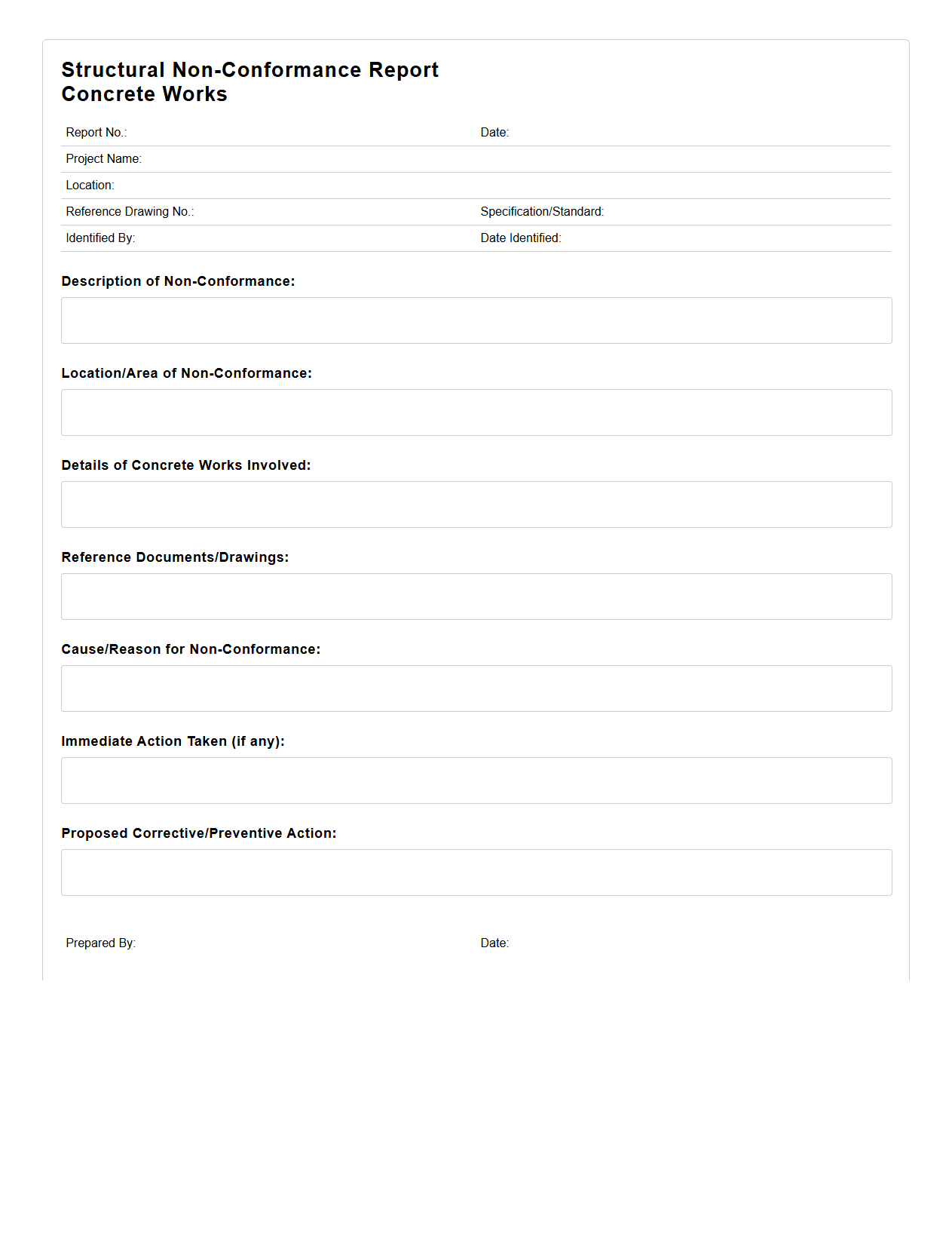 Structural Non-Conformance Report Format for Concrete Works