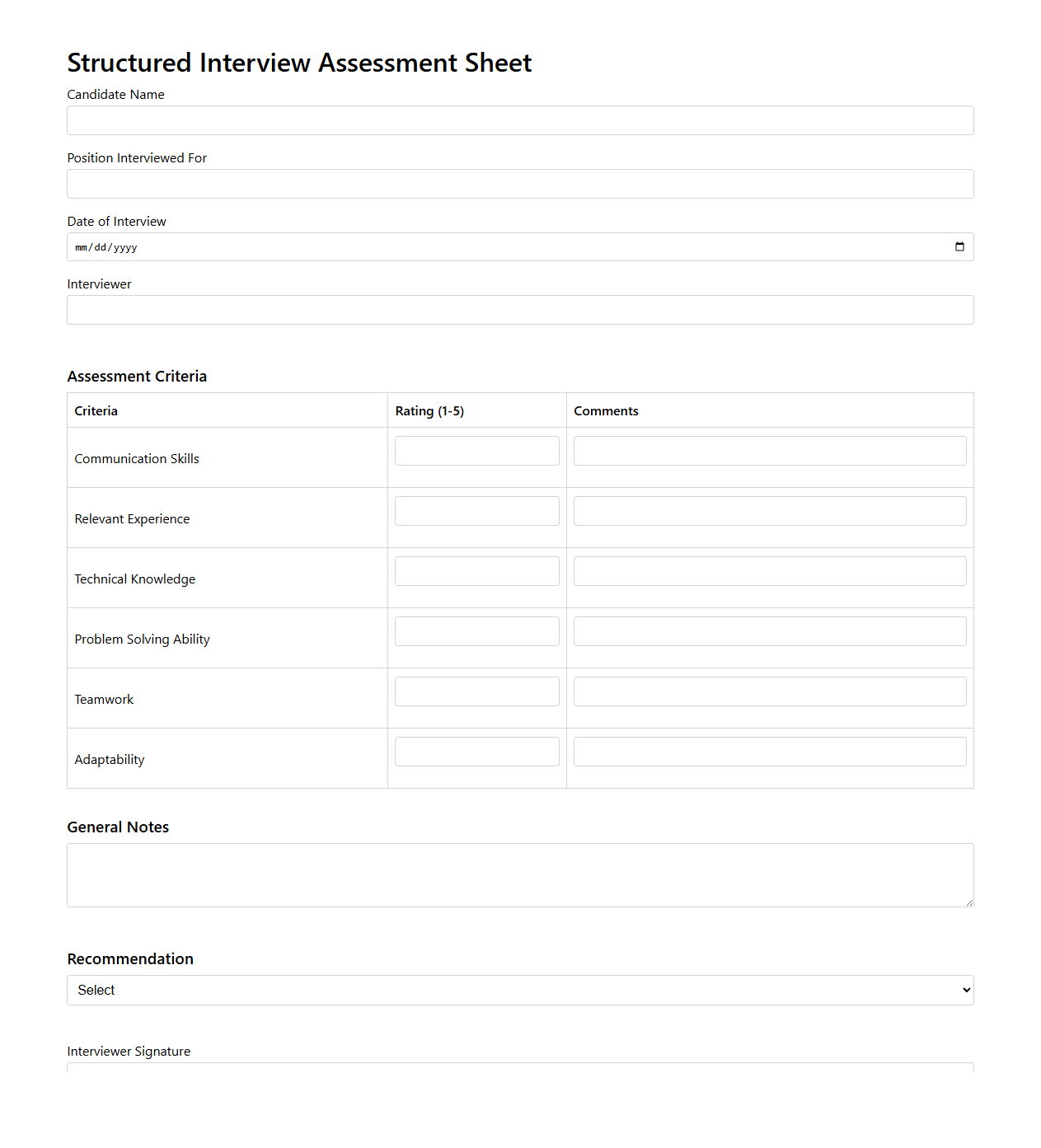 Structured Interview Assessment Sheet