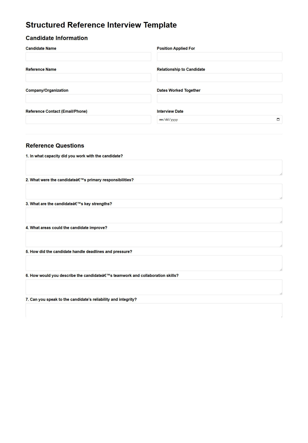 Structured Reference Interview Template for Hiring Decisions