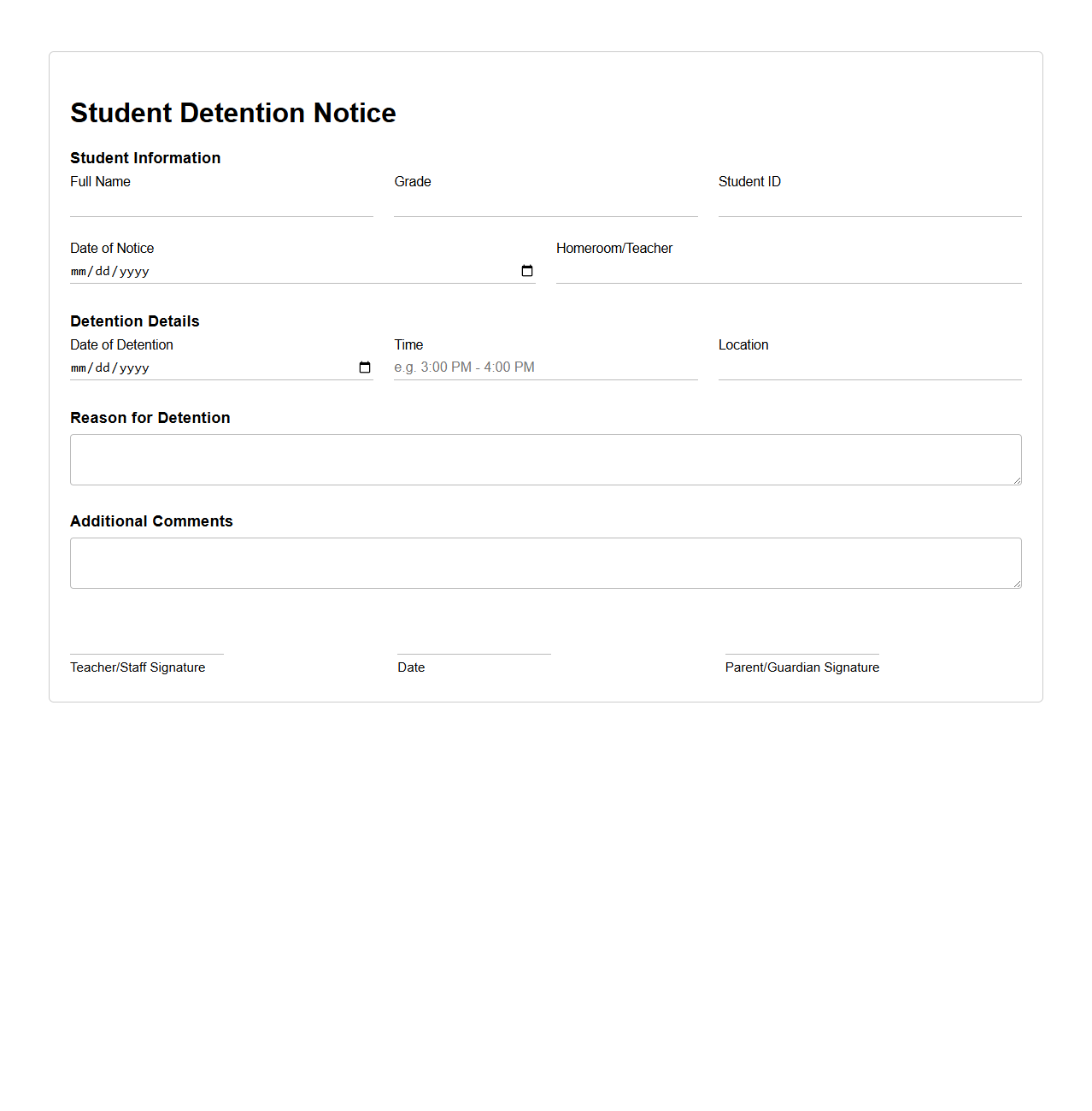 Student Detention Notice Template for School Discipline