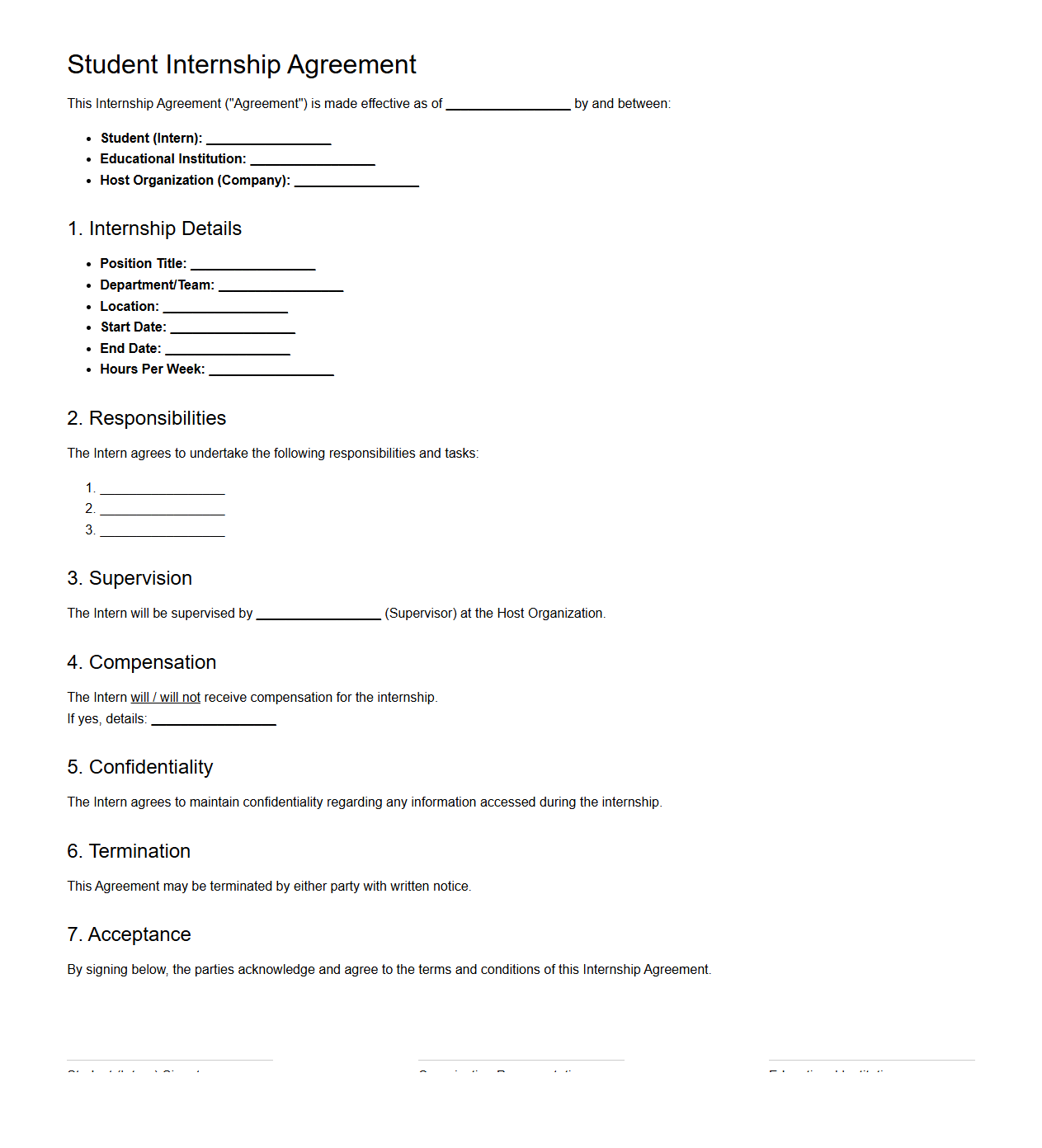 Student Internship Agreement Template