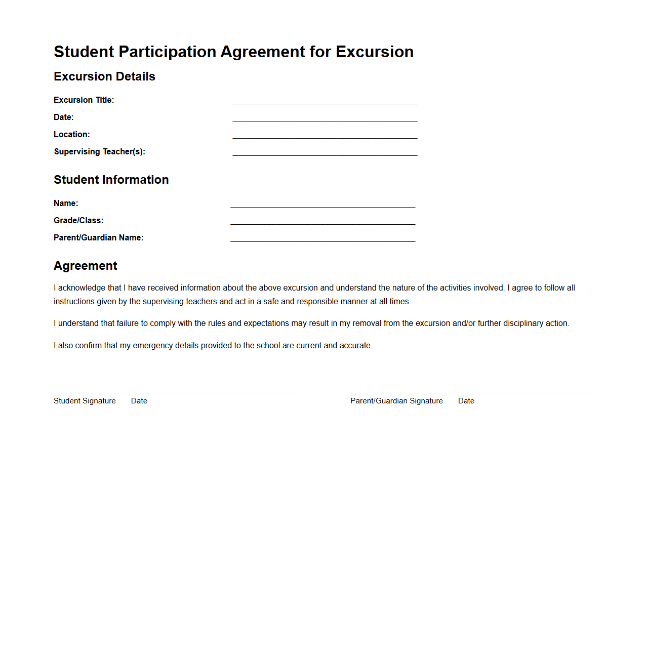 Student Participation Agreement for Excursion