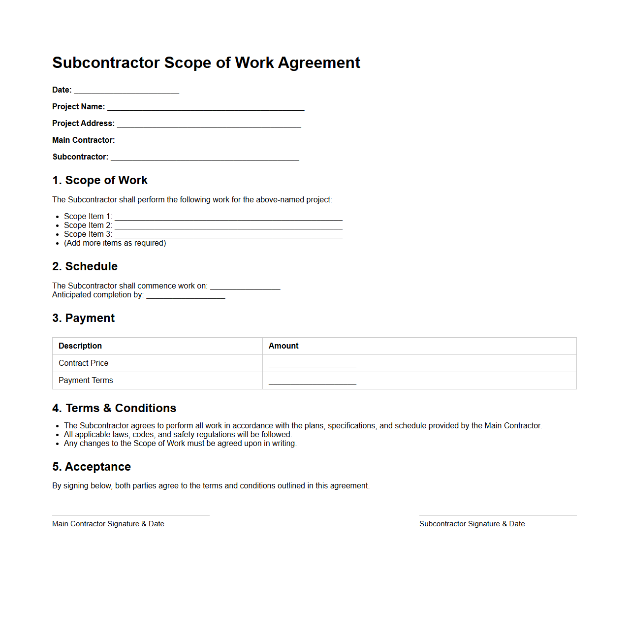 Subcontractor Scope of Work Agreement Sample