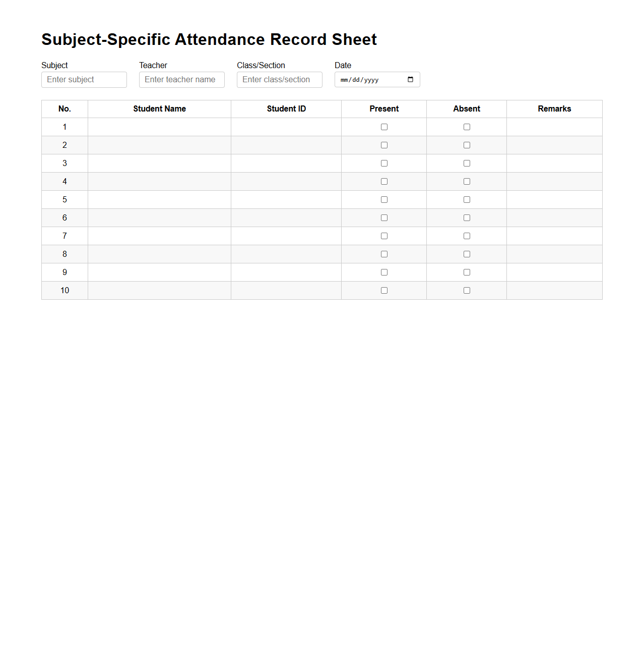 Subject-Specific Attendance Record Sheet