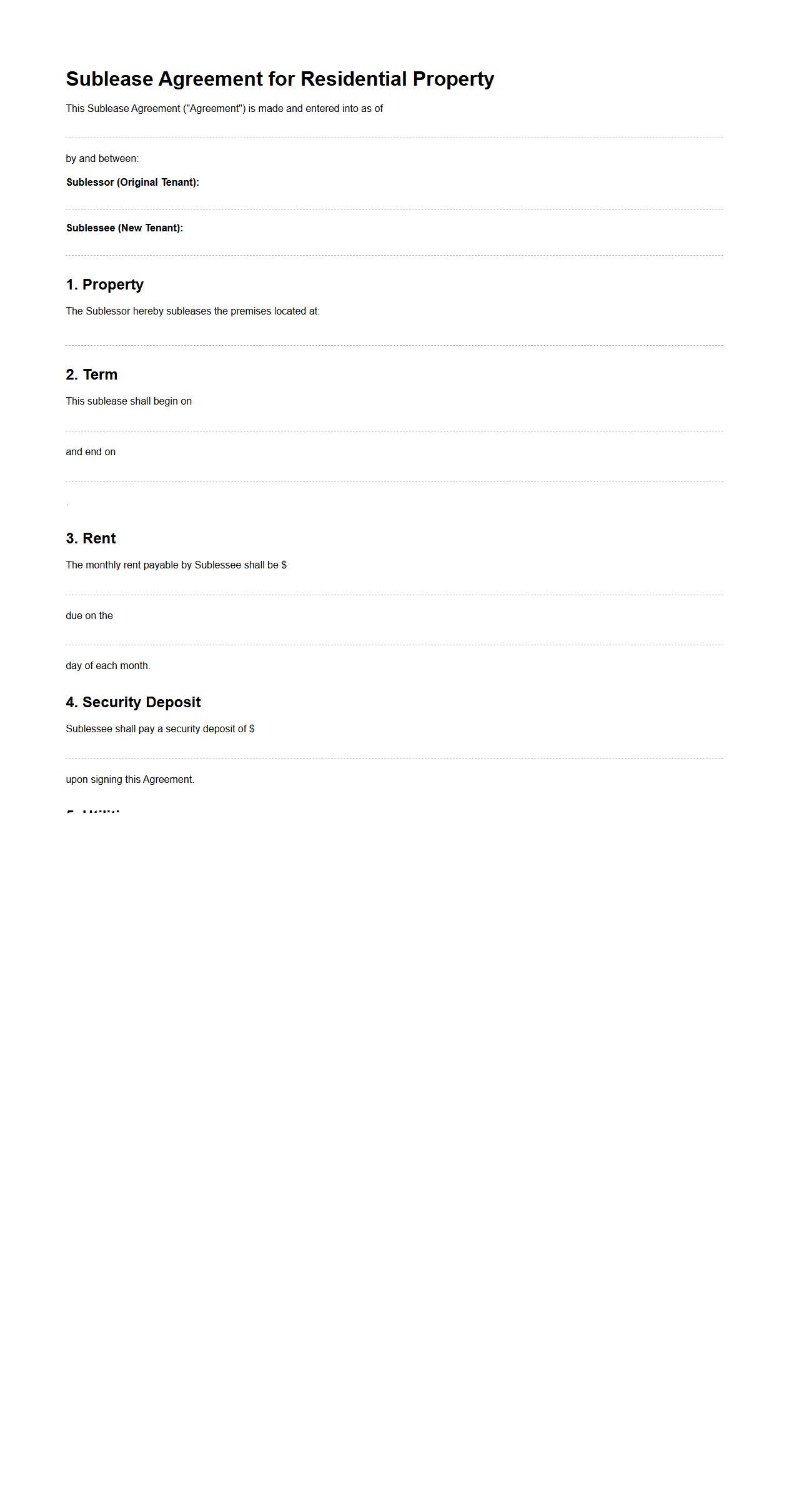 Sublease Agreement for Residential Property