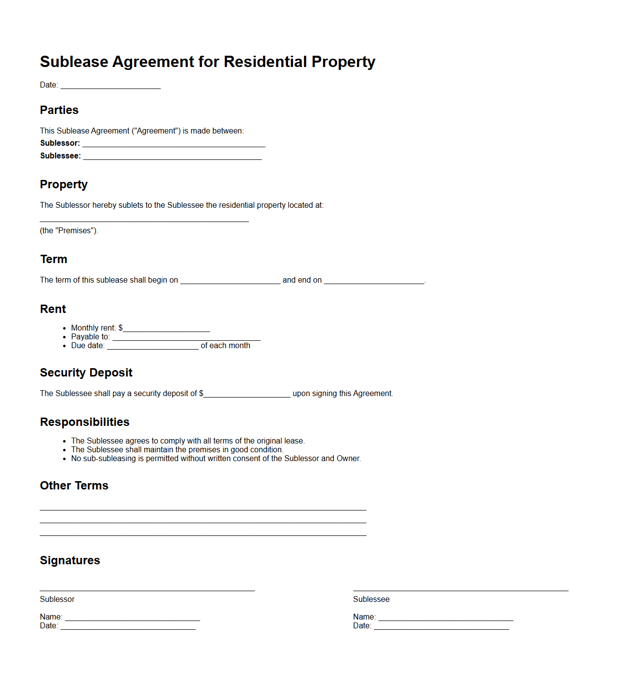 Sublease Agreement for Residential Property