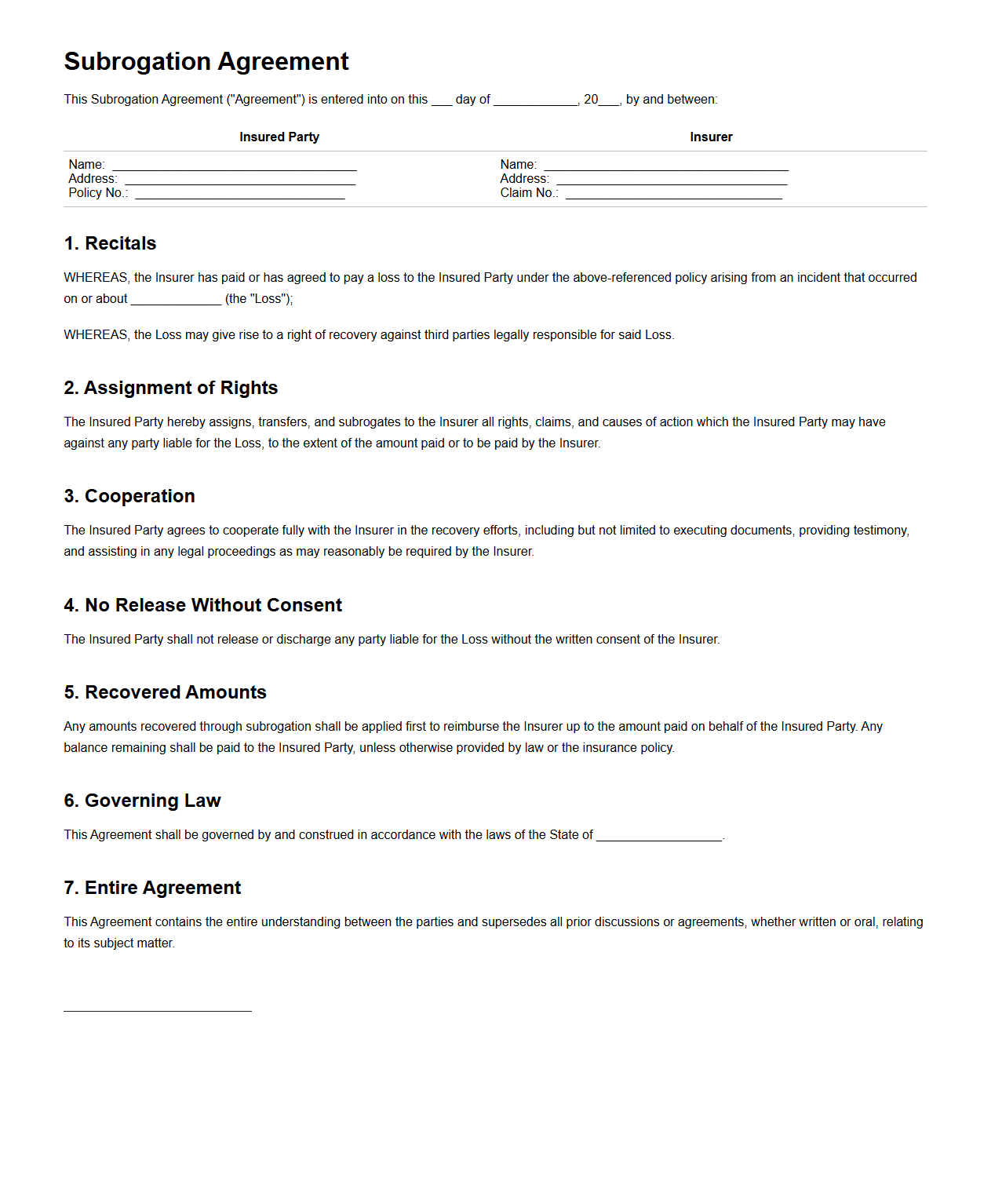 Subrogation Agreement Template for Liability Insurance Claims