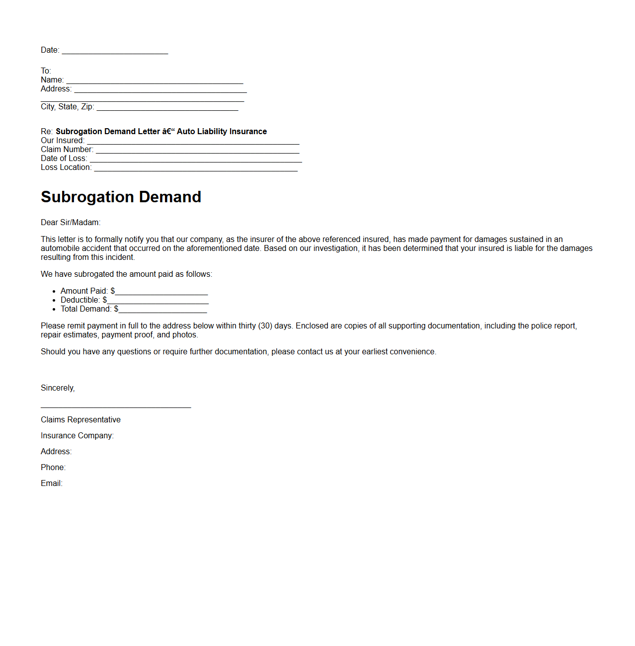 Subrogation Demand Letter for Auto Liability Insurance