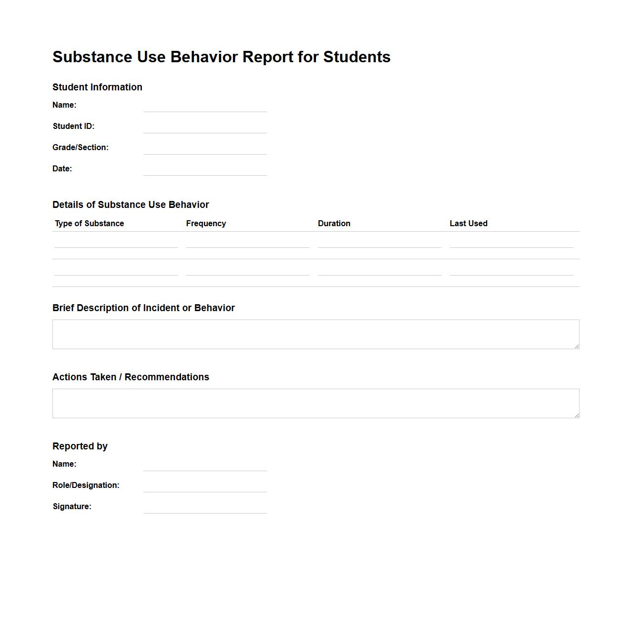 Substance Use Behavior Report for Students