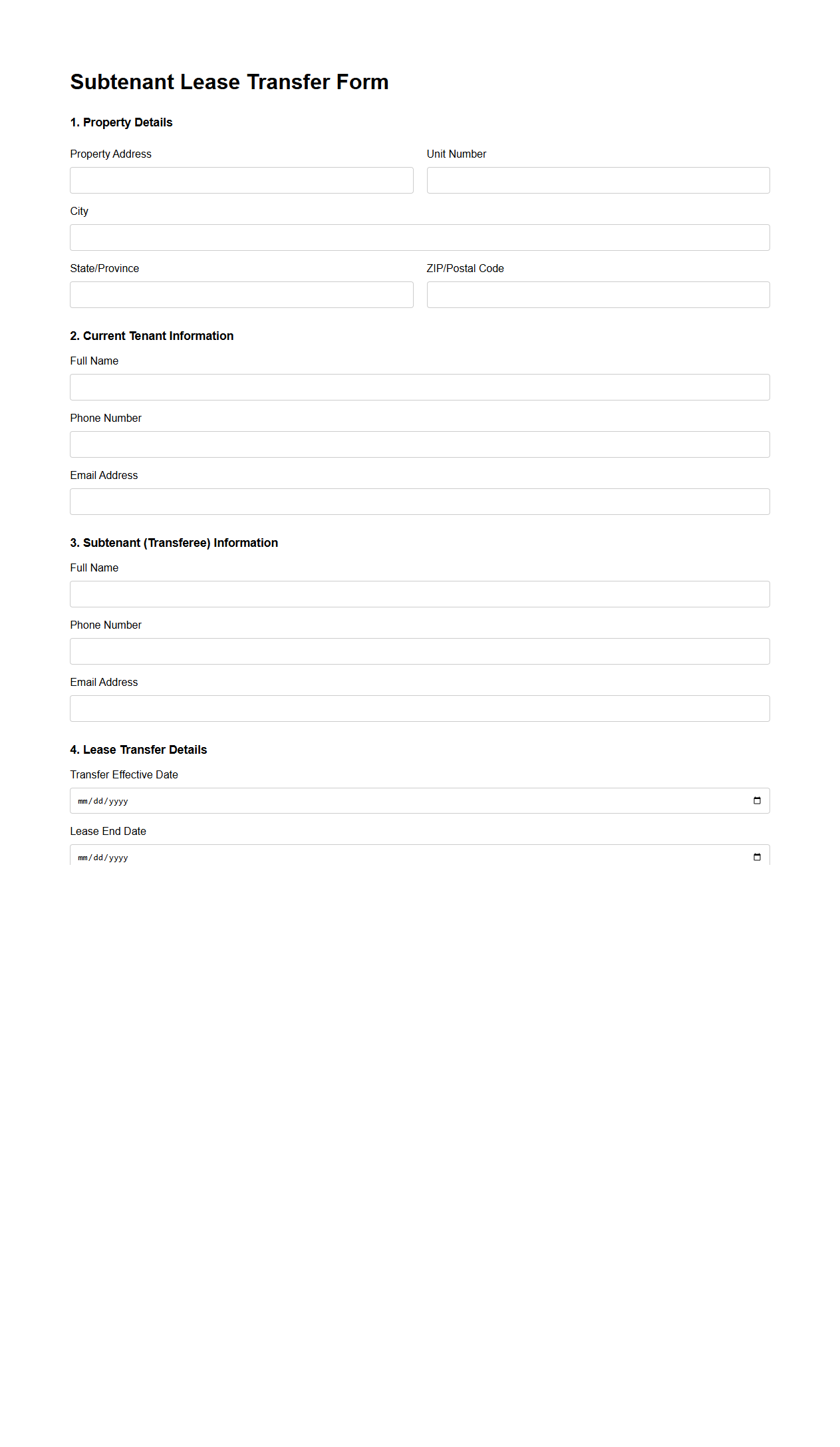 Subtenant Lease Transfer Form