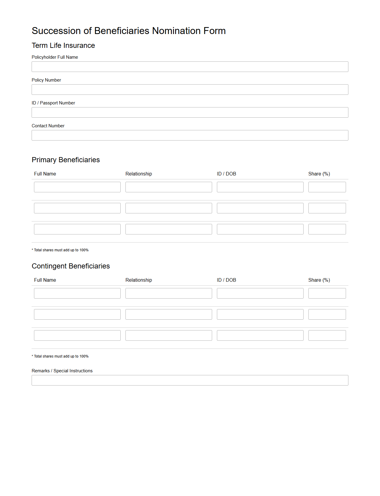 Succession of Beneficiaries Nomination Form for Term Life Insurance