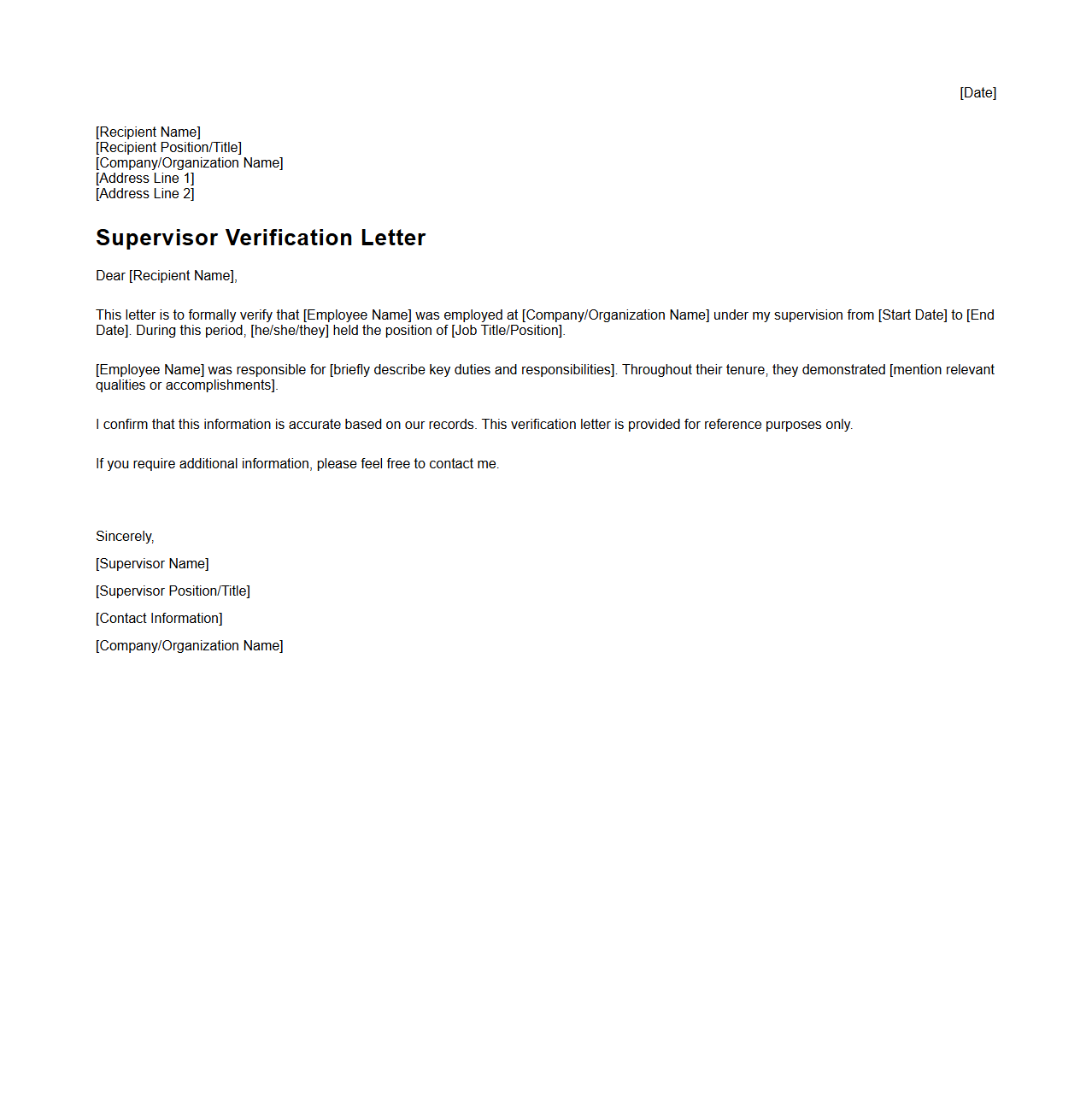 Supervisor Verification Letter for Reference Purposes