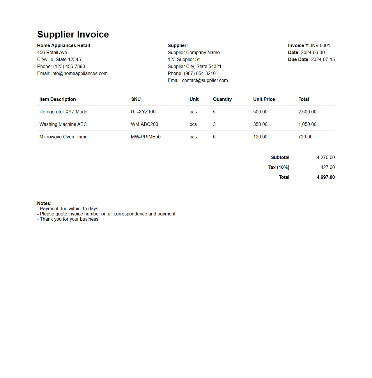 Supplier Invoice Layout for Home Appliances Retail