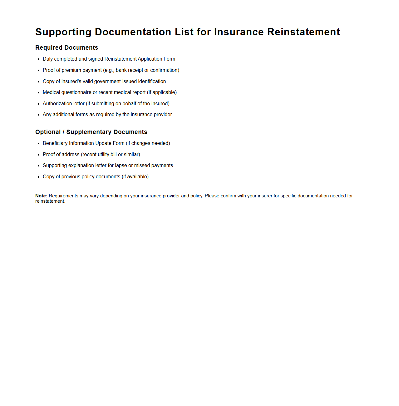 Supporting Documentation List for Insurance Reinstatement