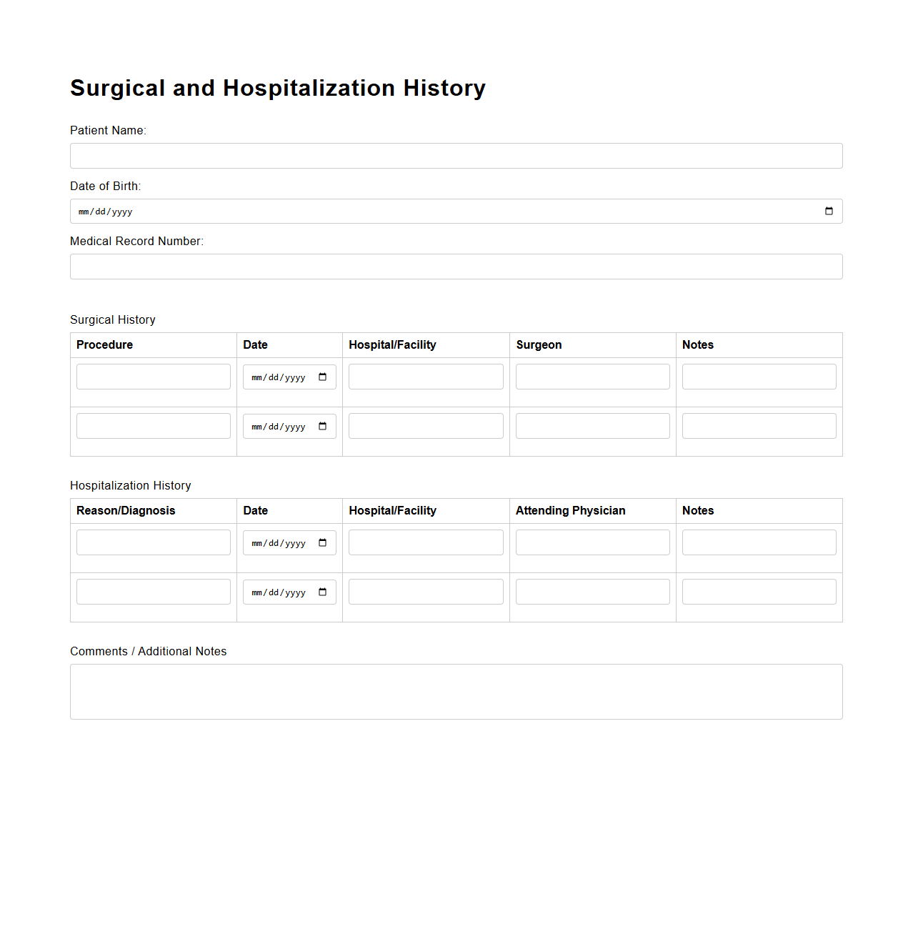 Surgical and Hospitalization History Template