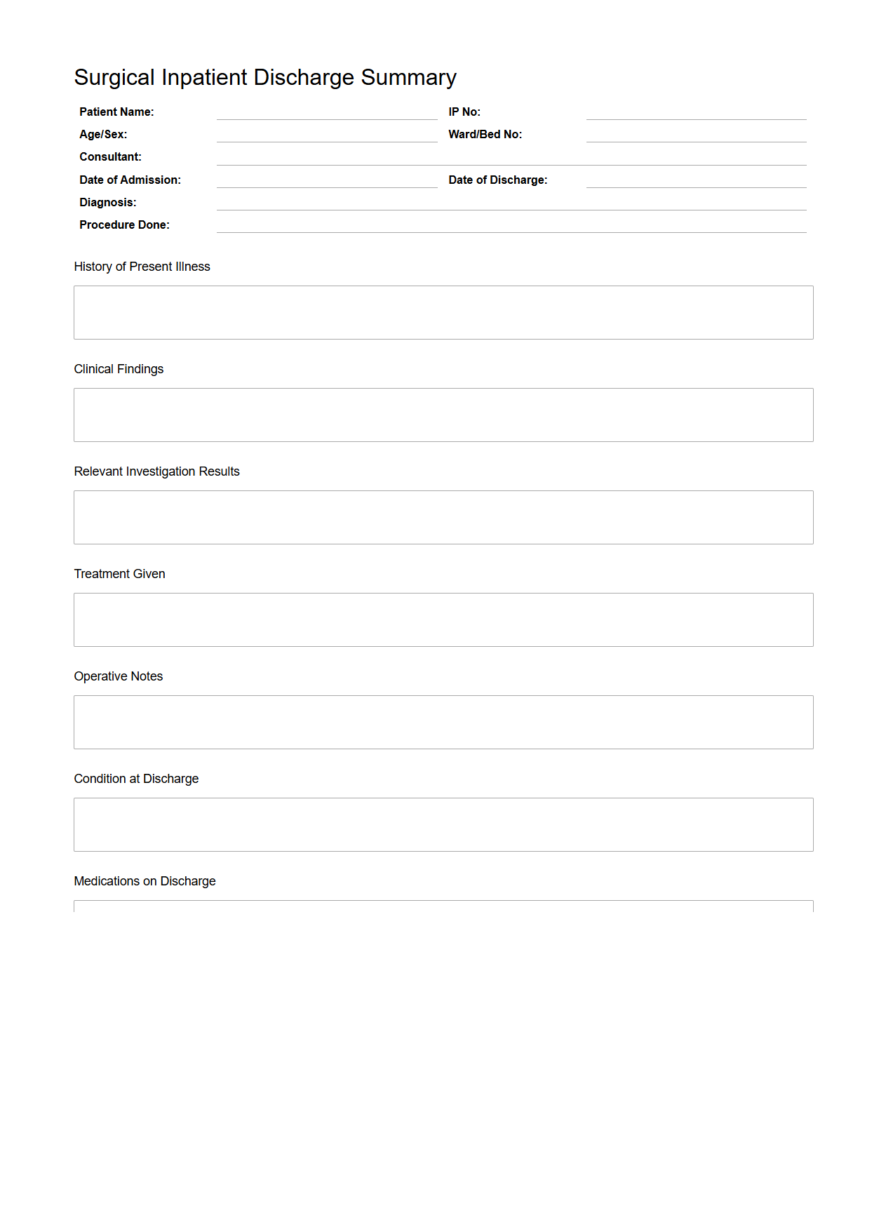 Surgical Inpatient Discharge Summary Format