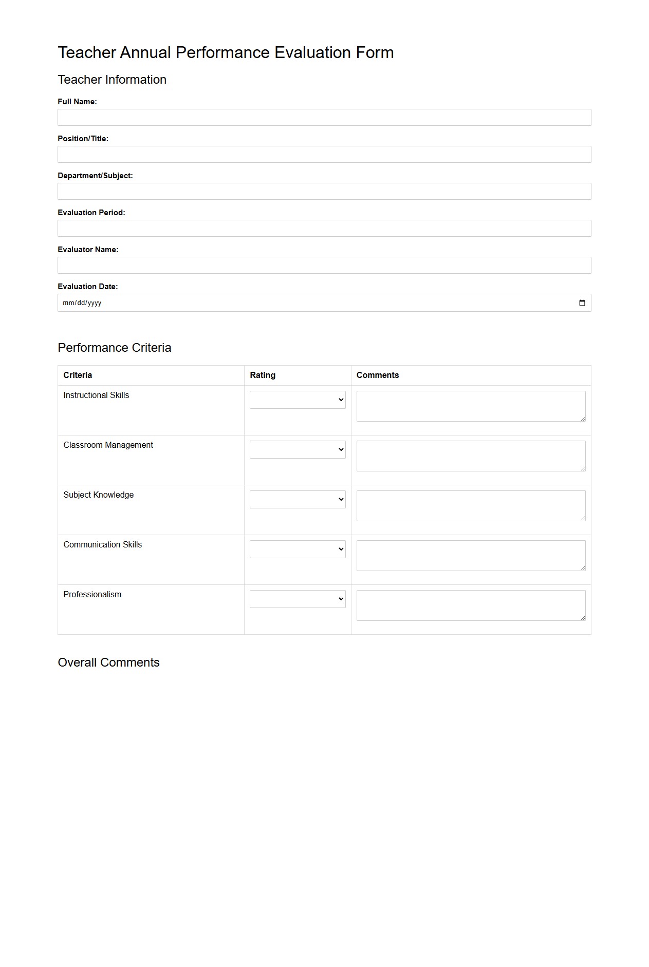 Teacher Annual Performance Evaluation Form Sample