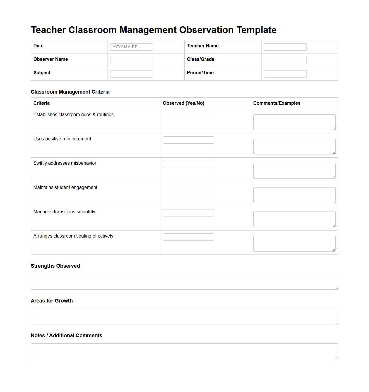 Teacher Classroom Management Observation Template