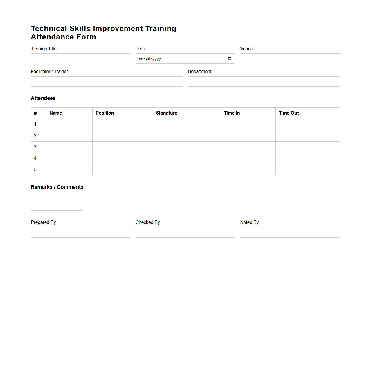 Technical Skills Improvement Training Attendance Form