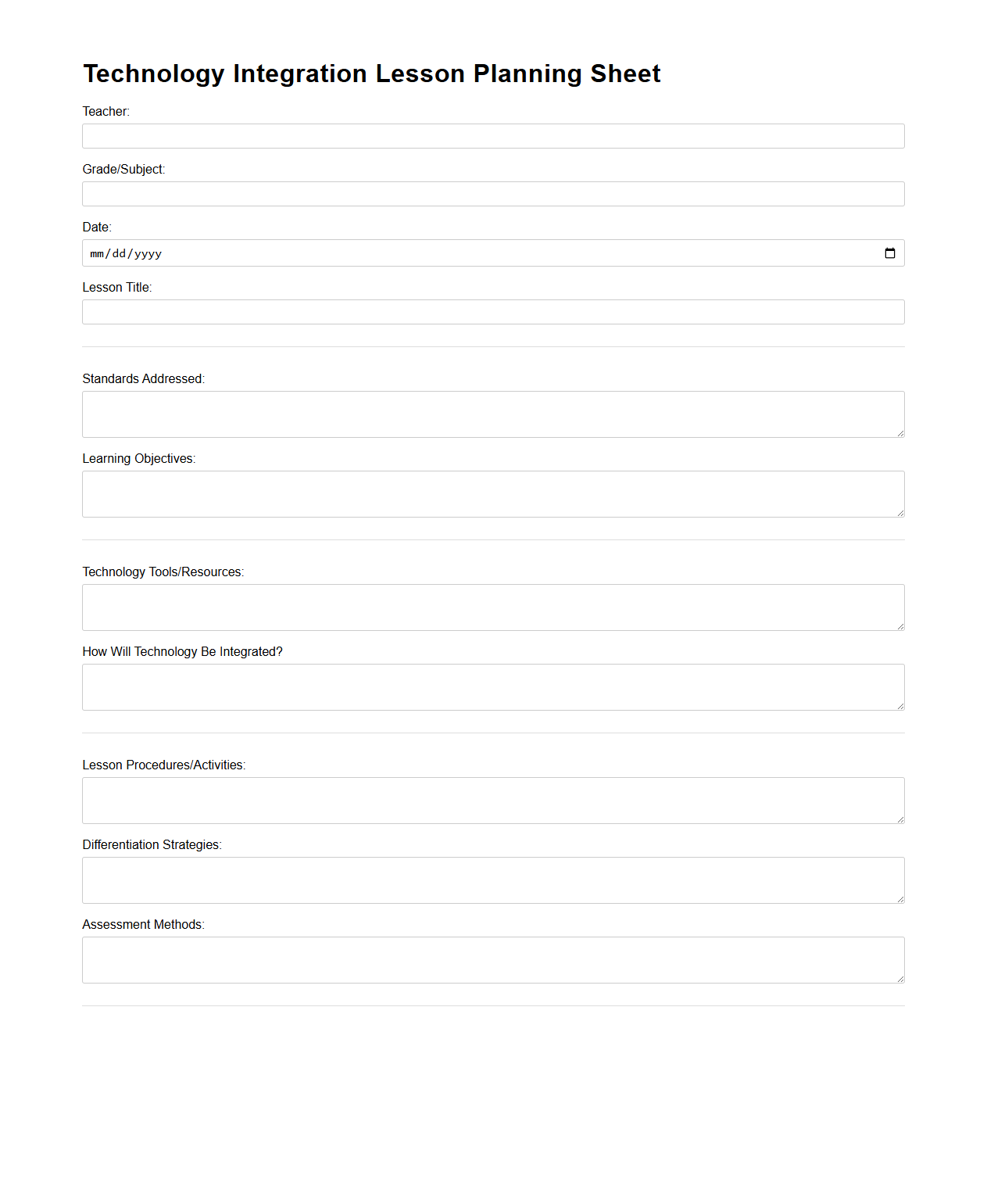 Technology Integration Lesson Planning Sheet