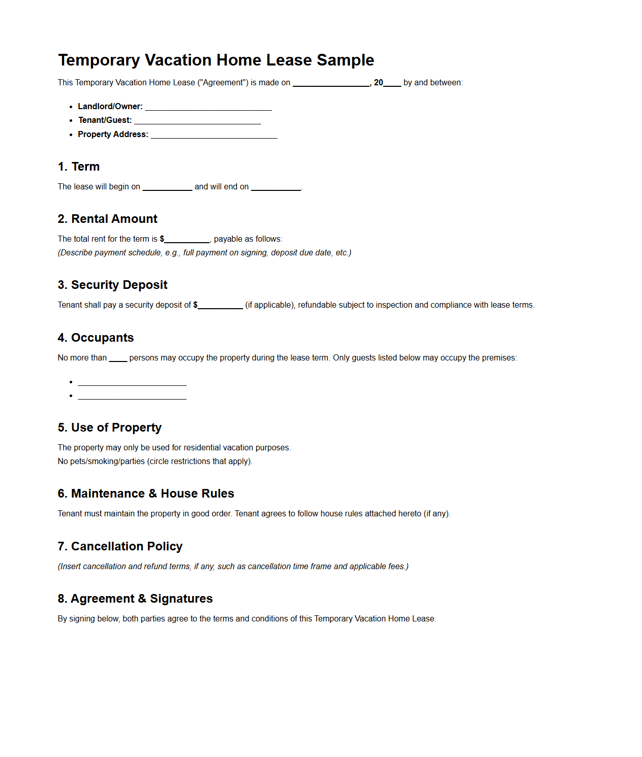 Temporary Vacation Home Lease Sample