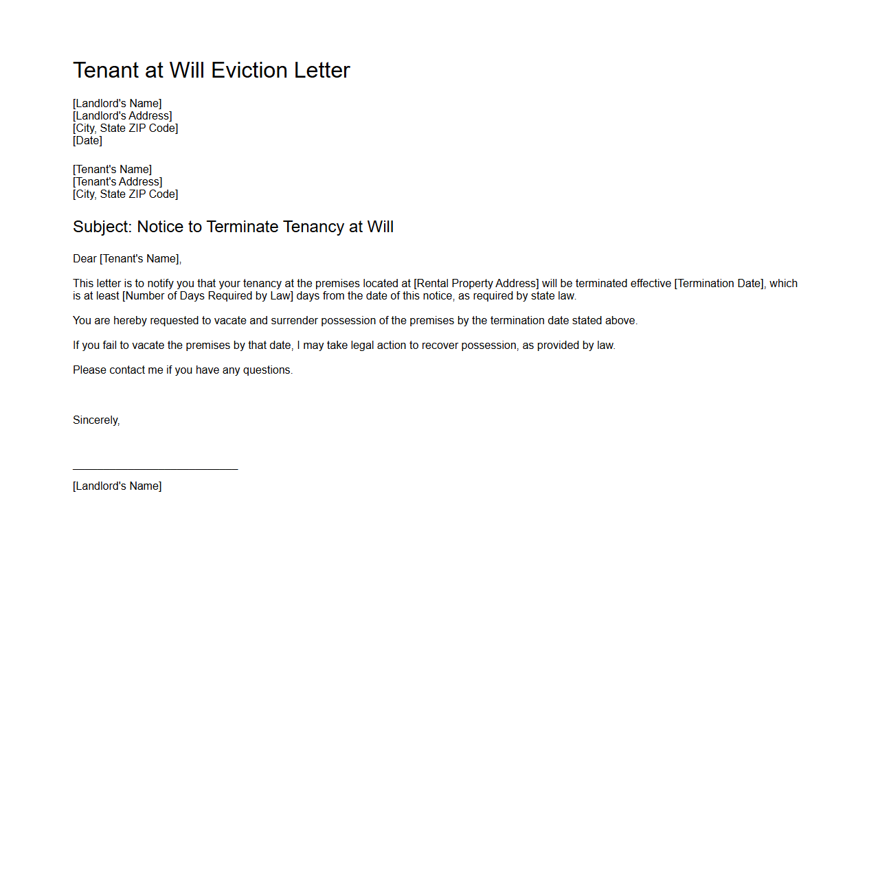 Tenant at Will Eviction Letter Sample