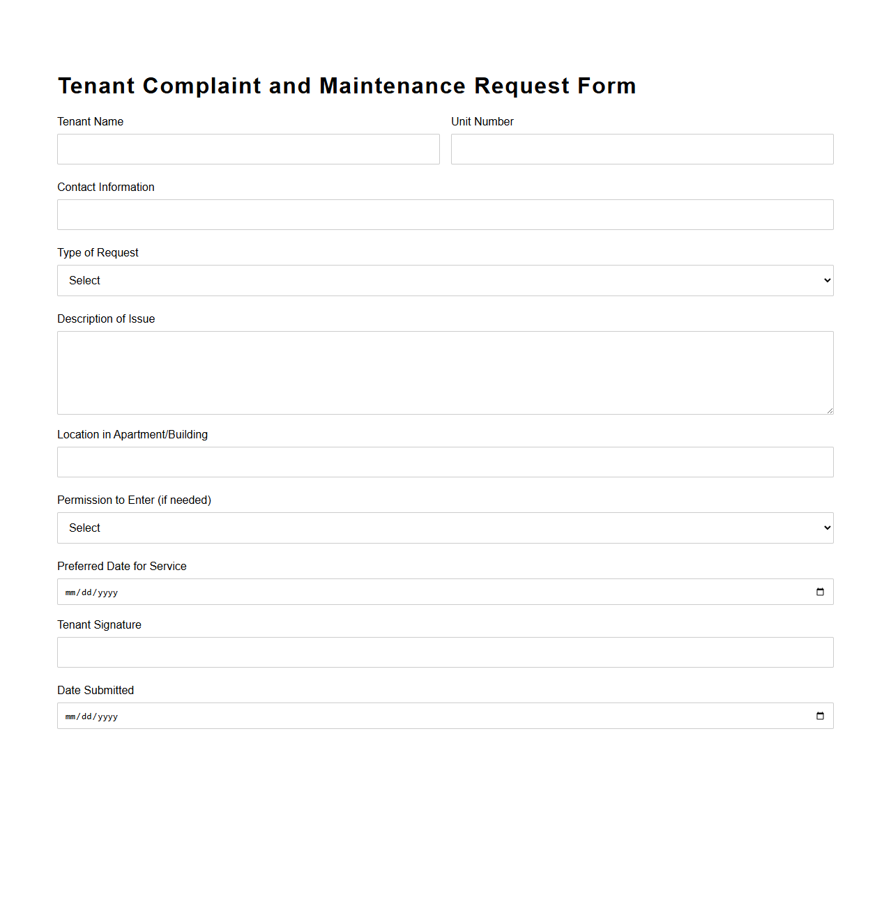 Tenant Complaint and Maintenance Request Form