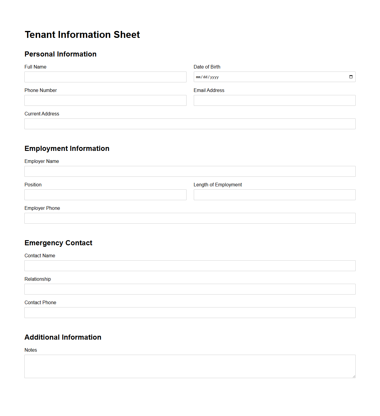 Tenant Information Sheet Example