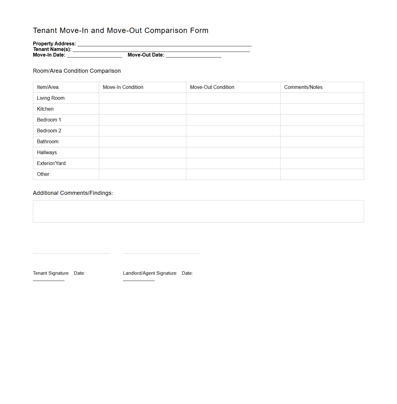 Tenant Move-In and Move-Out Comparison Form