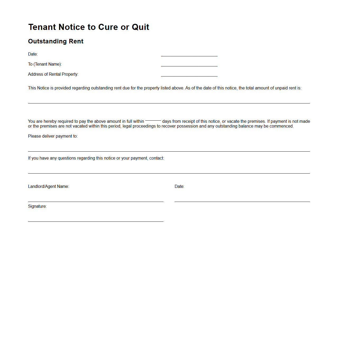 Tenant Notice to Cure or Quit for Outstanding Rent
