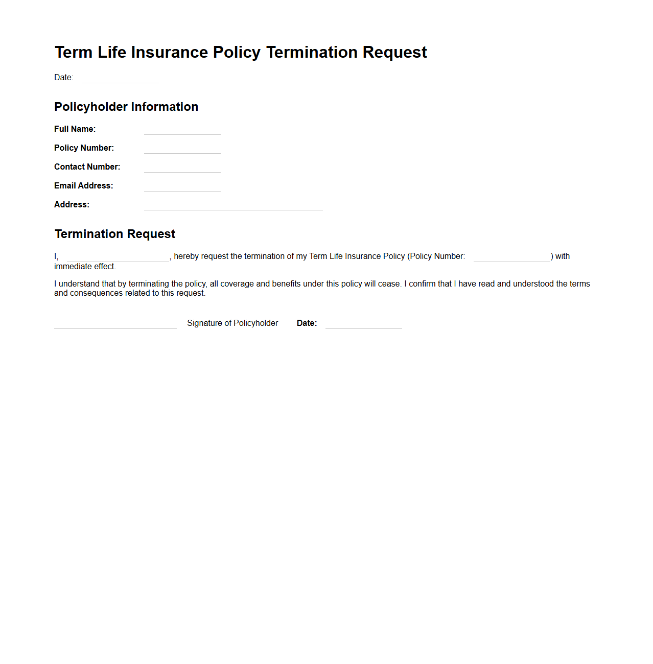 Term Life Insurance Policy Termination Request Sample