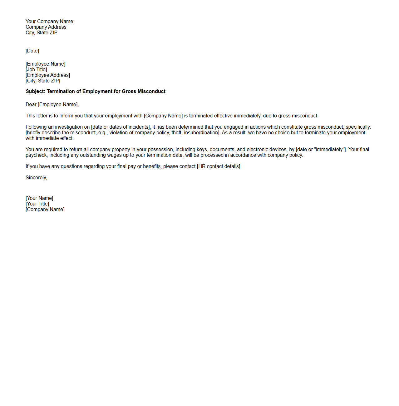 Termination Letter for Gross Misconduct