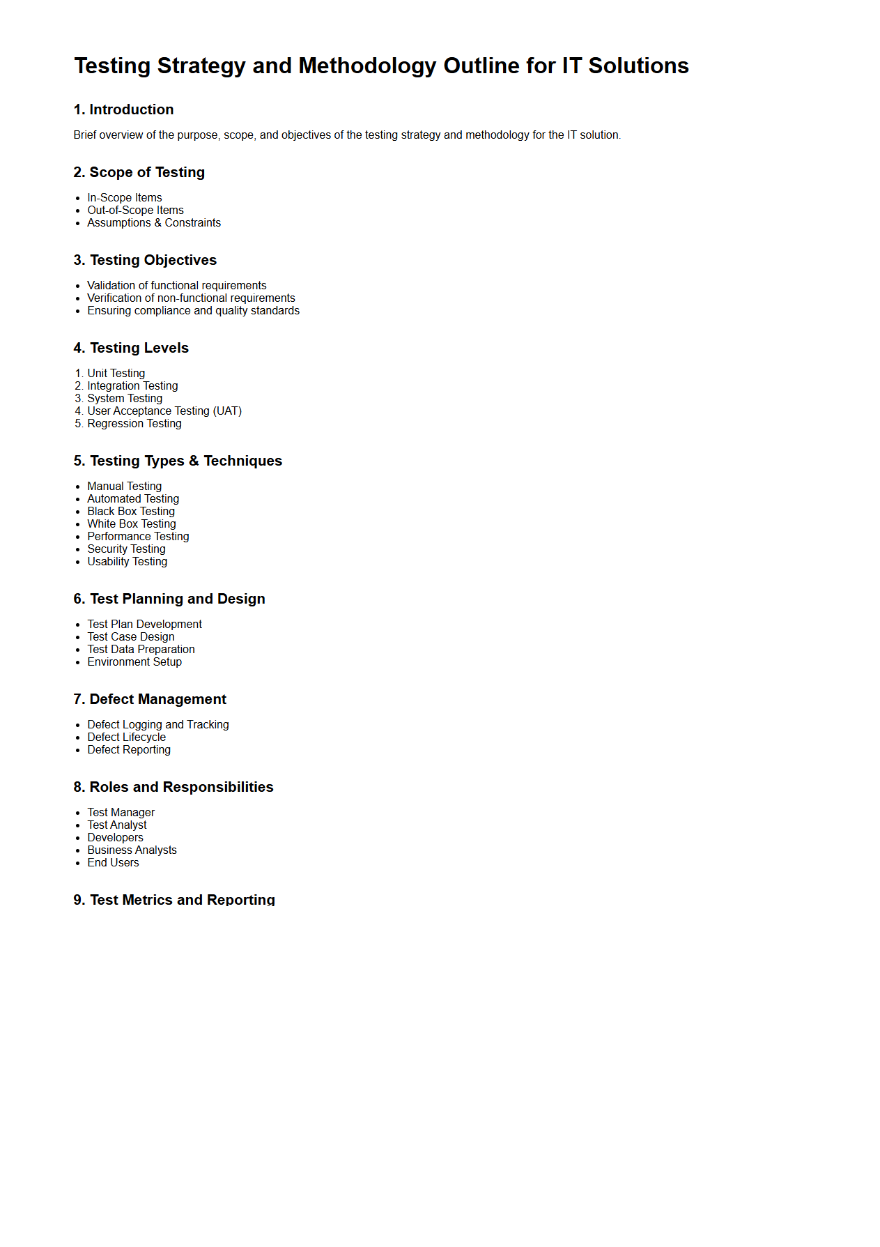 Testing Strategy and Methodology Outline for IT Solutions