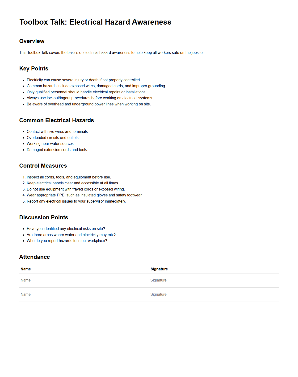 Toolbox Talk: Electrical Hazard Awareness