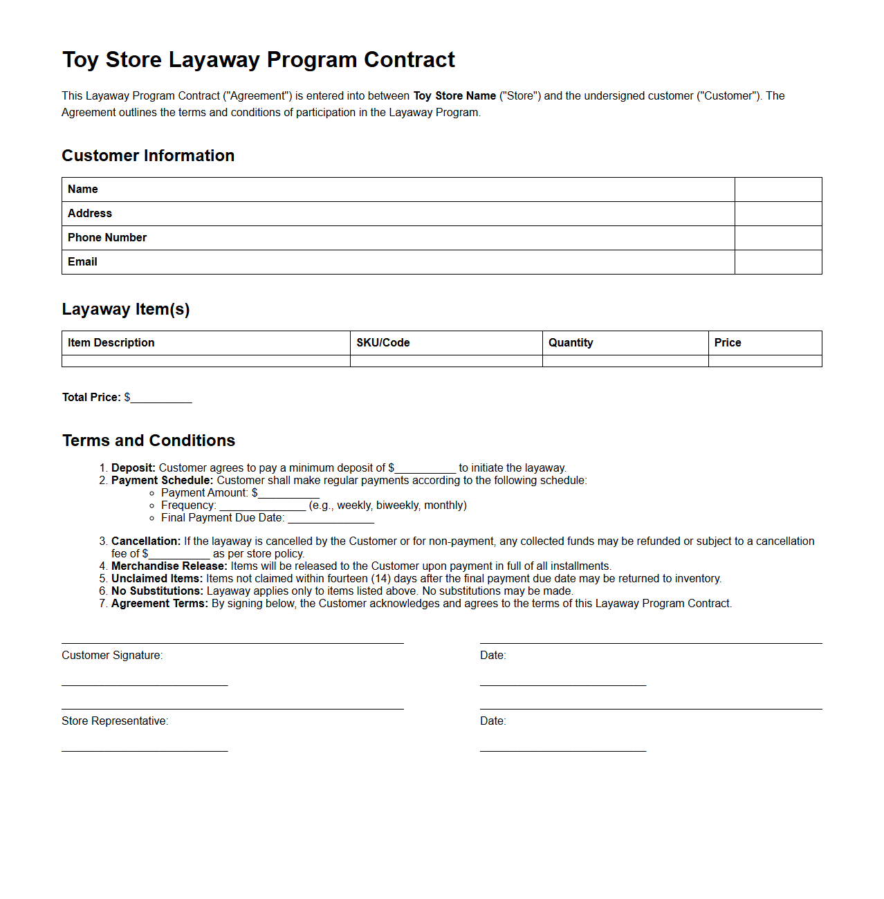 Toy Store Layaway Program Contract Sample
