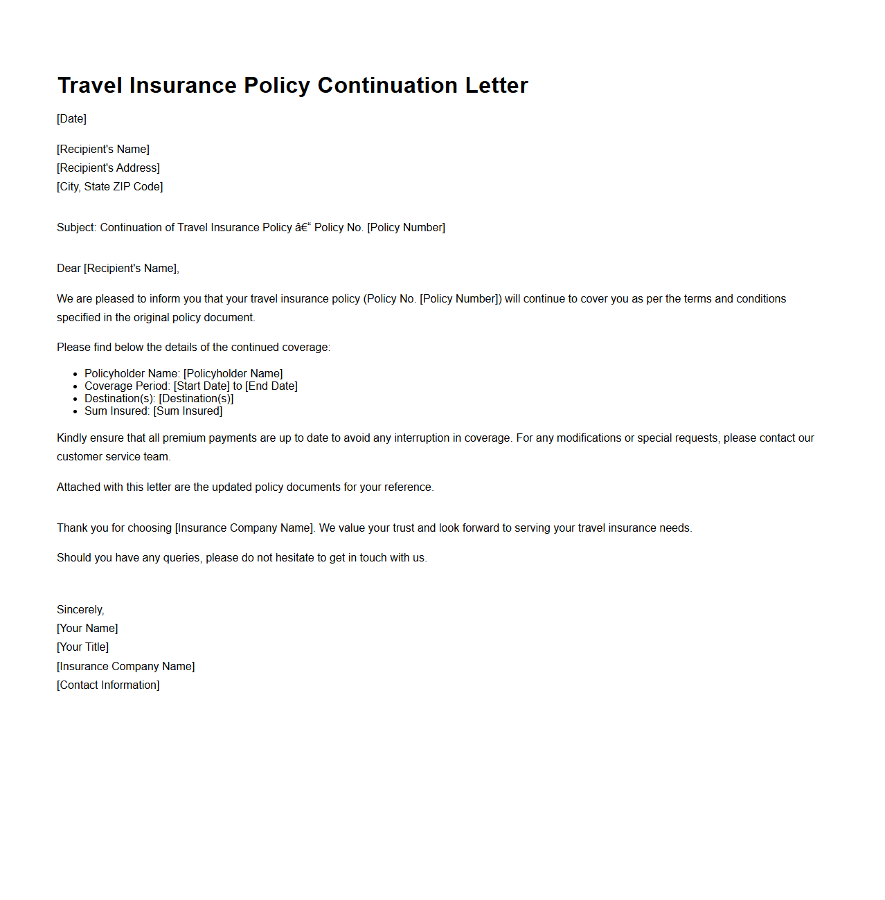 Travel Insurance Policy Continuation Letter Sample
